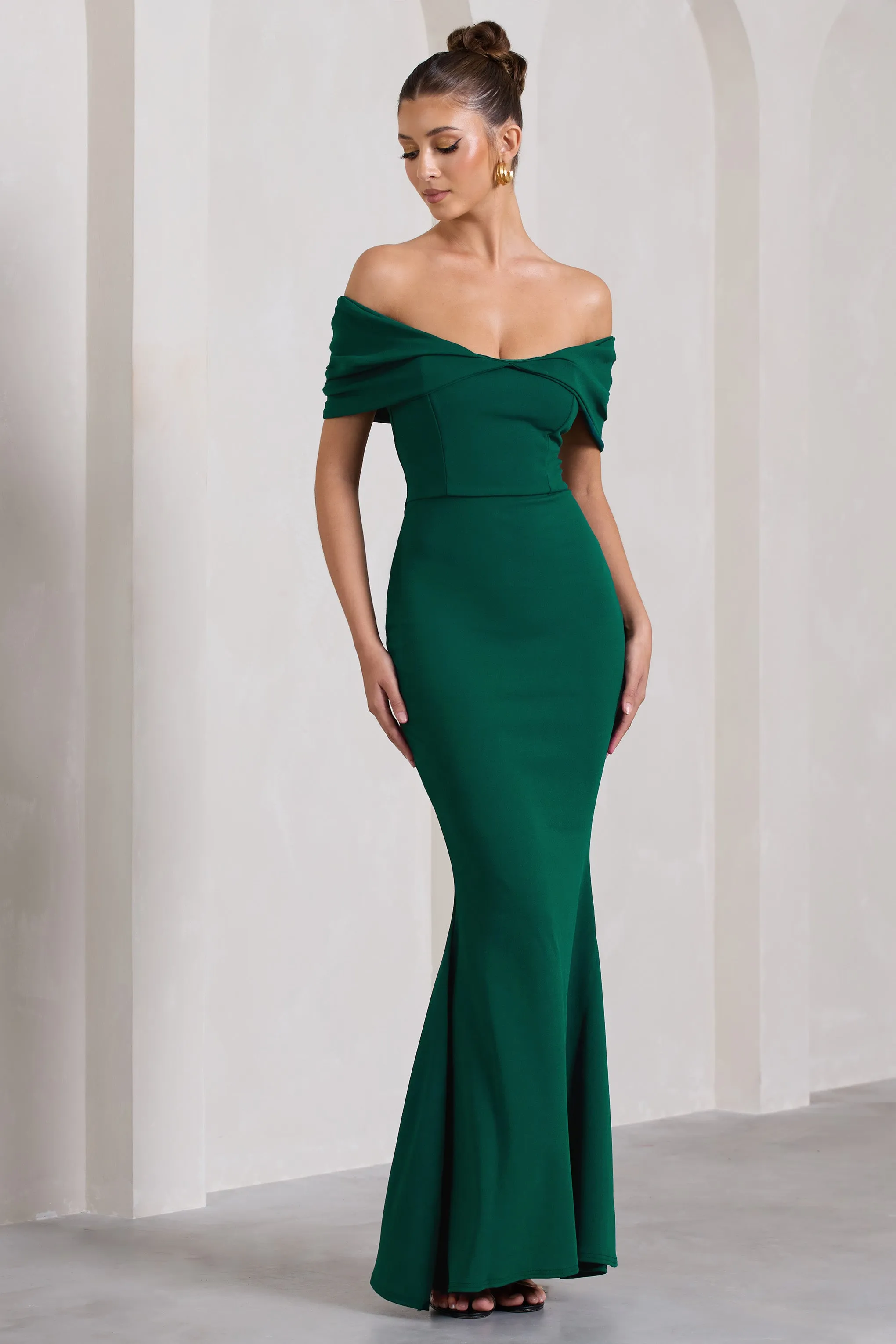 Dana | Bottle Green Bardot Maxi Dress With Short Gathered Sleeves sold by Club L London product image thumbnail 5