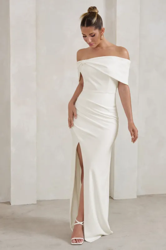 Eva | White Bardot Bow Detail Maxi Dress With Thigh Split sold by Club L London