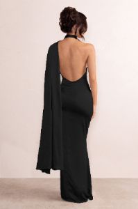 Mademoiselle | Black Satin Asymmetric Scarf Neck Backless Maxi Dress sold by Club L London