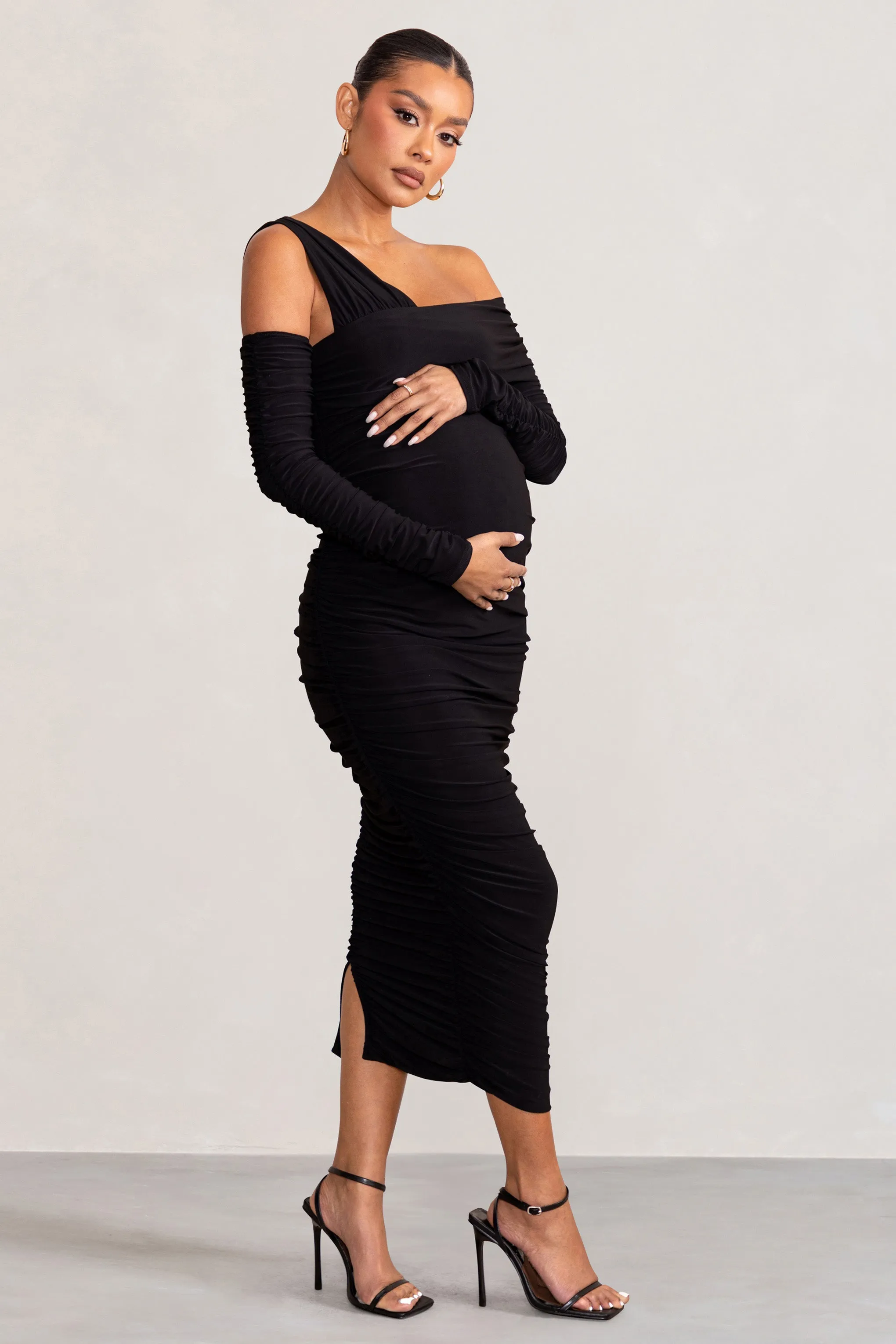 Neile | Black Asymmetric Bardot Maternity Midi Dress with Sleeves sold by Club L London product image thumbnail 5