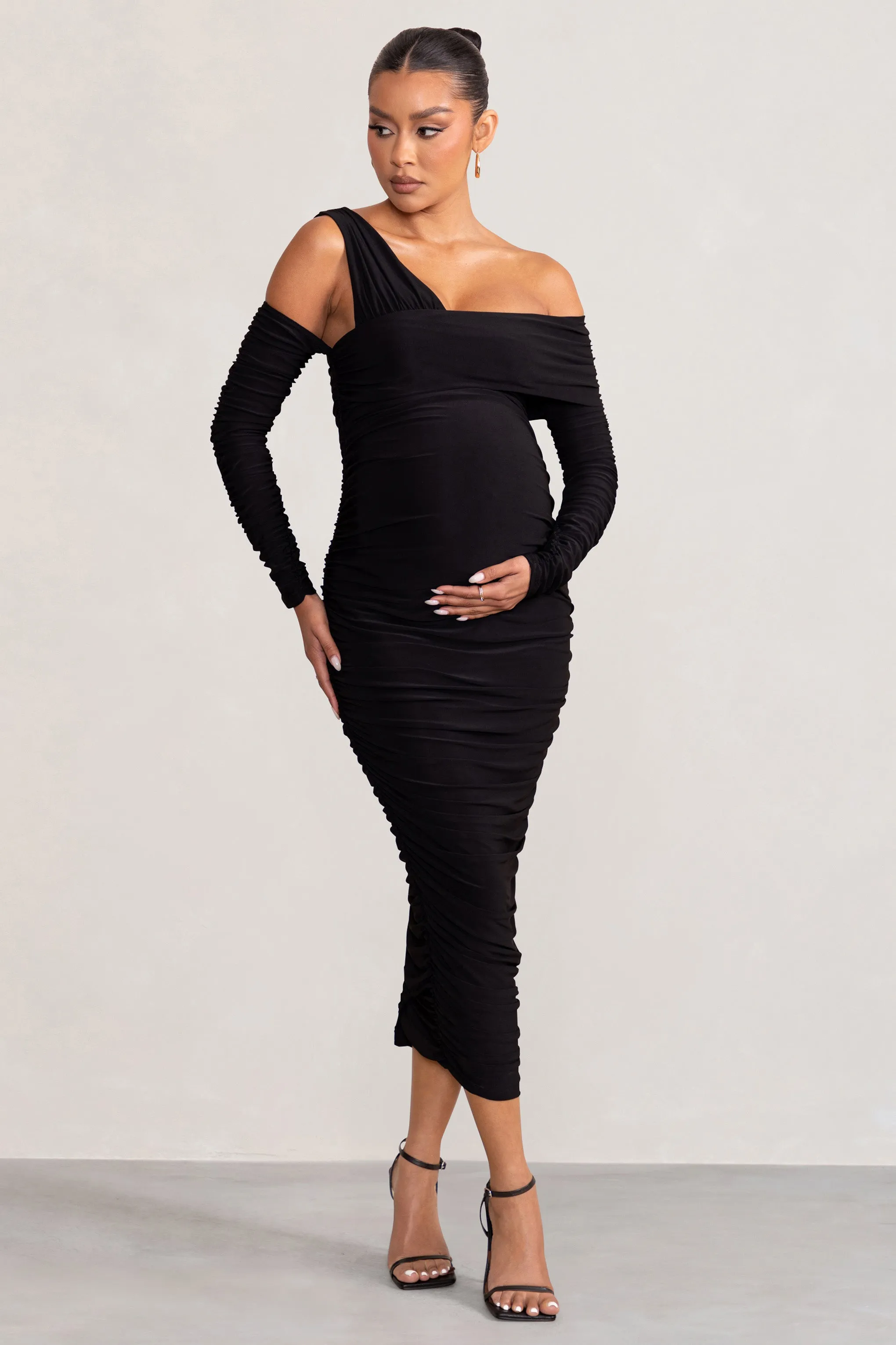 Neile | Black Asymmetric Bardot Maternity Midi Dress with Sleeves sold by Club L London