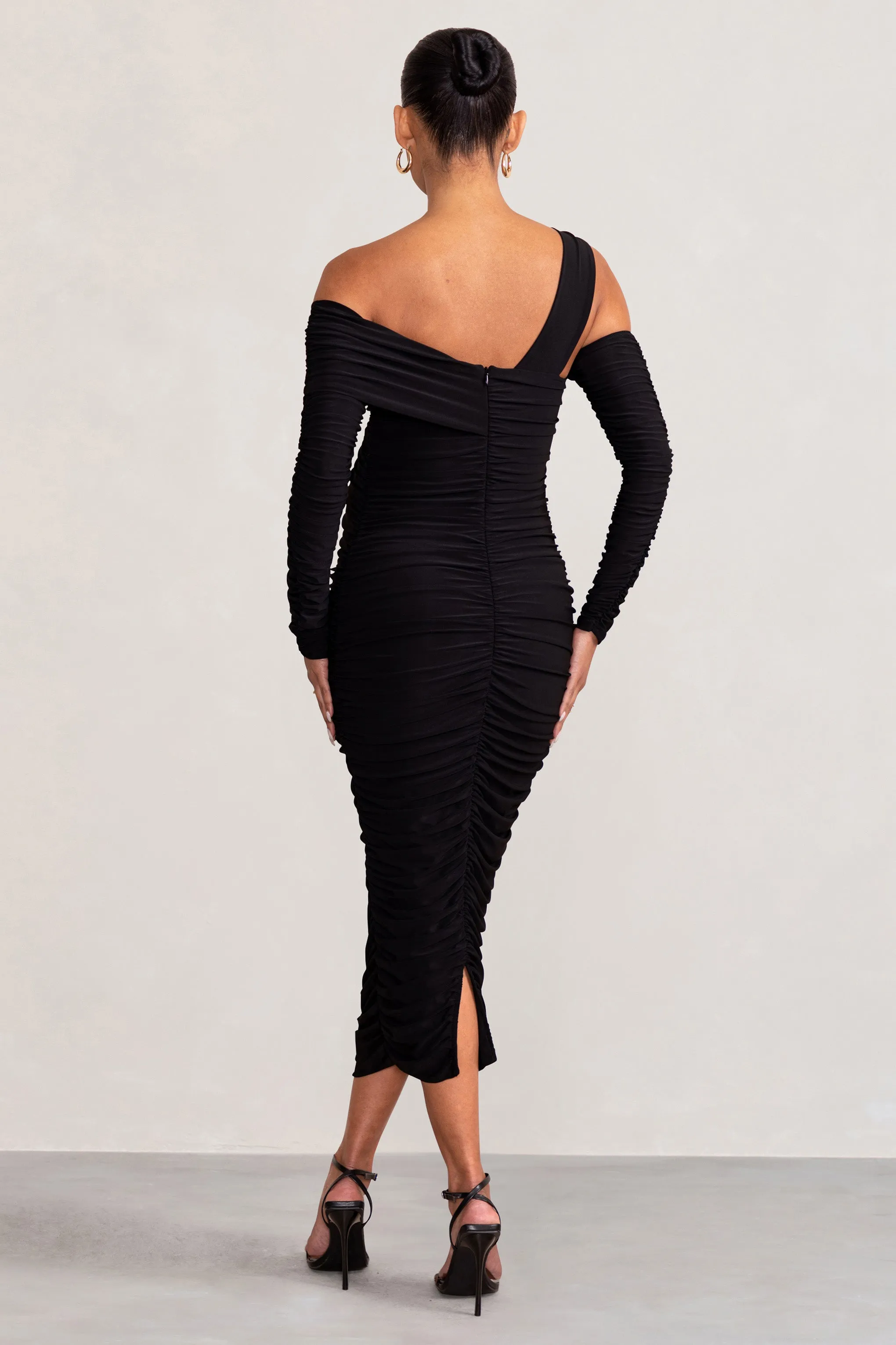 Neile | Black Asymmetric Bardot Maternity Midi Dress with Sleeves sold by Club L London product image thumbnail 2