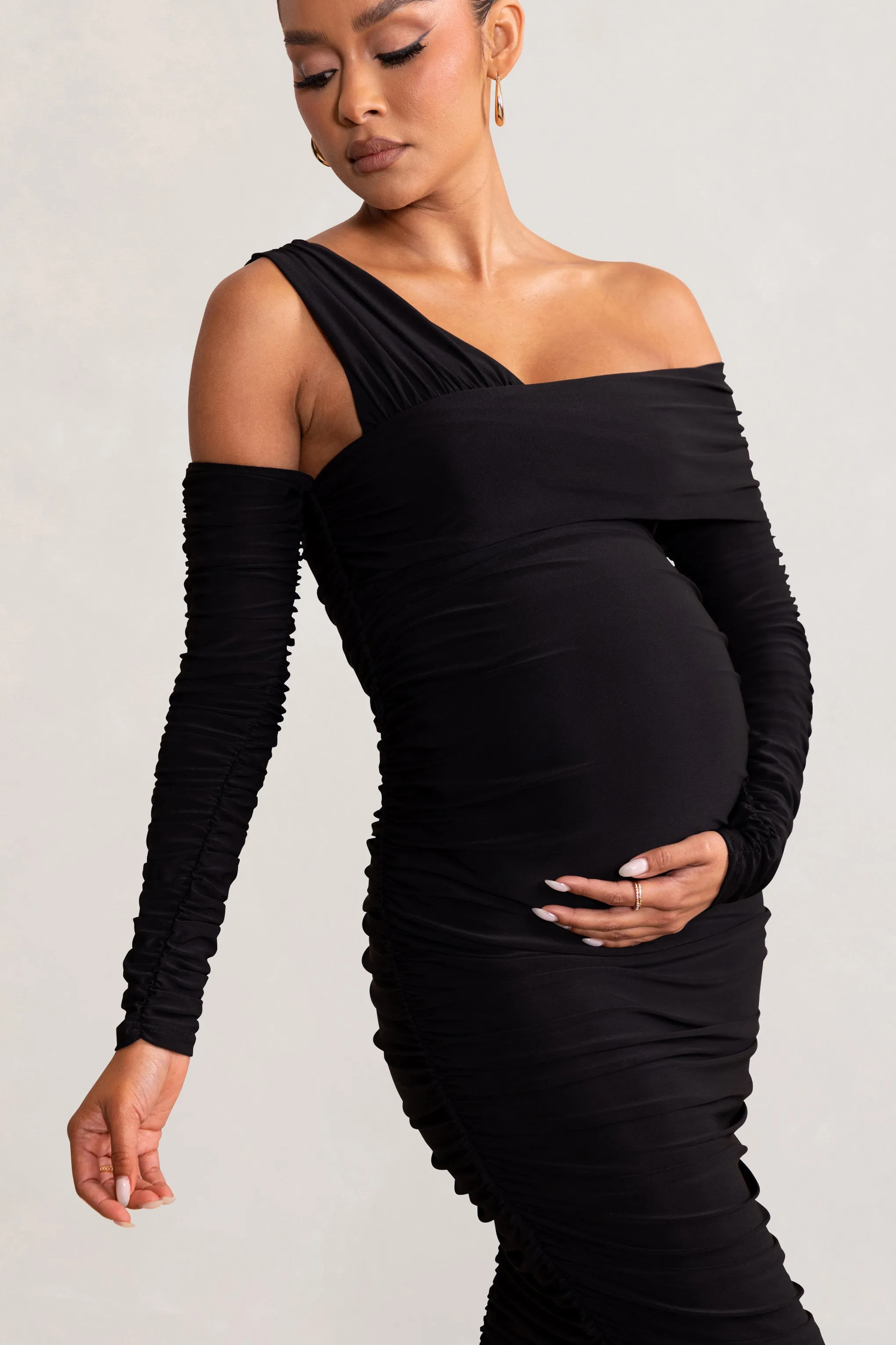 Neile | Black Asymmetric Bardot Maternity Midi Dress with Sleeves sold by Club L London product image thumbnail 4