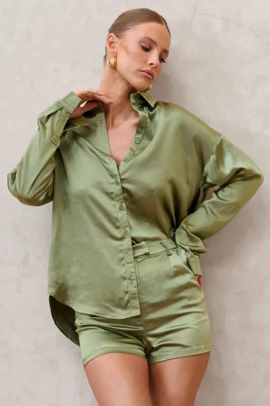 Limitless | Olive Green Oversized Long Sleeve Satin Shirt With Placement Pocket sold by Club L London