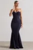 Idyllic | Navy Strapless Corset Style Fishtail Maxi Dress sold by Club L London