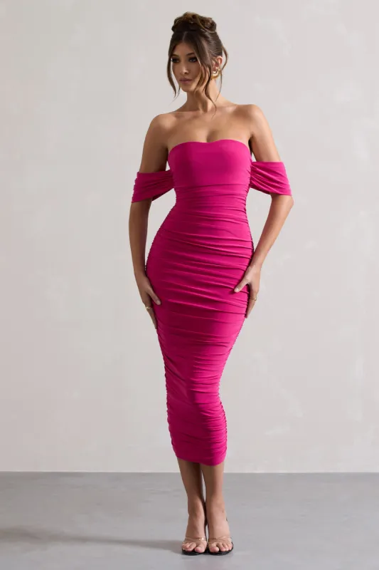 Lost For Words | Black Bardot Ruched Draped Midi Dress | Parallel