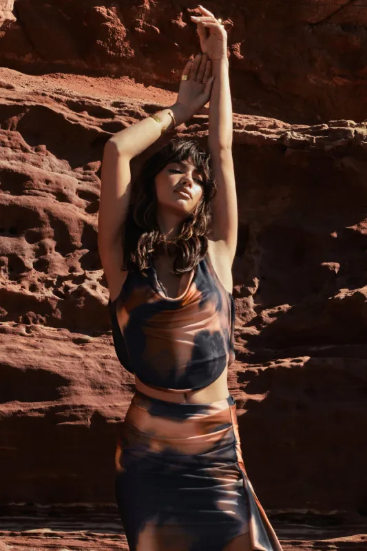 Femme Classique | Orange Smoke Print Cowl Corset Crop Top sold by Club L London