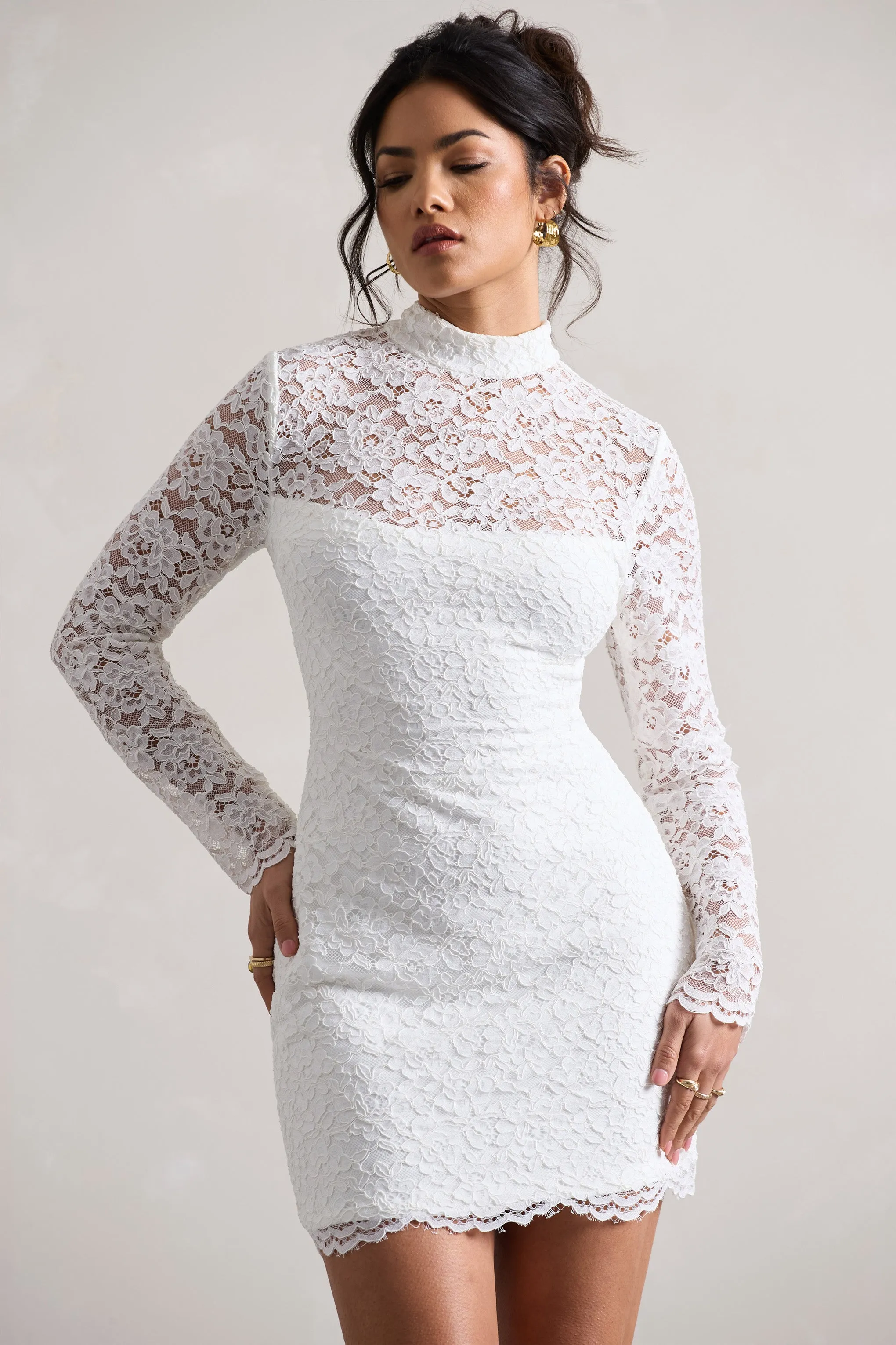 Gossip | White Lace High-Neck Mini Dress sold by Club L London product image thumbnail 3