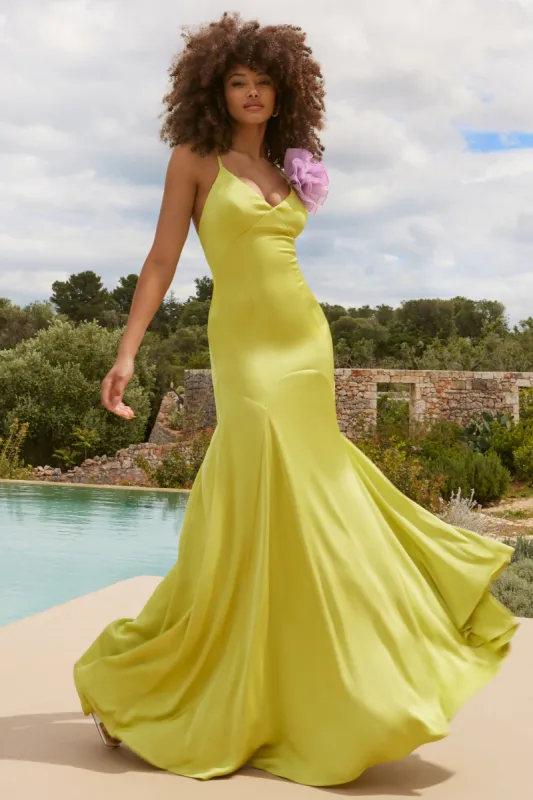Zamora | Lime Green Plunge-Neck Fishtail Maxi Dress With Corsage sold by Club L London