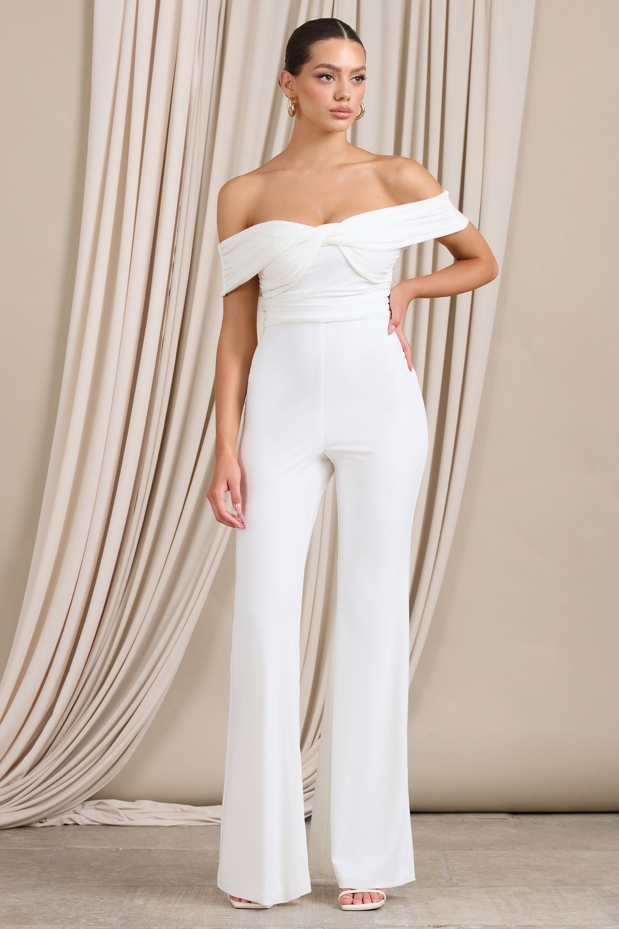Recognition | White Off The Shoulder Ruched Jumpsuit sold by Club L London