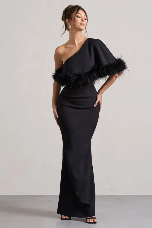 Valor | Black Asymmetric Maxi Dress With Feather Trim sold by Club L London