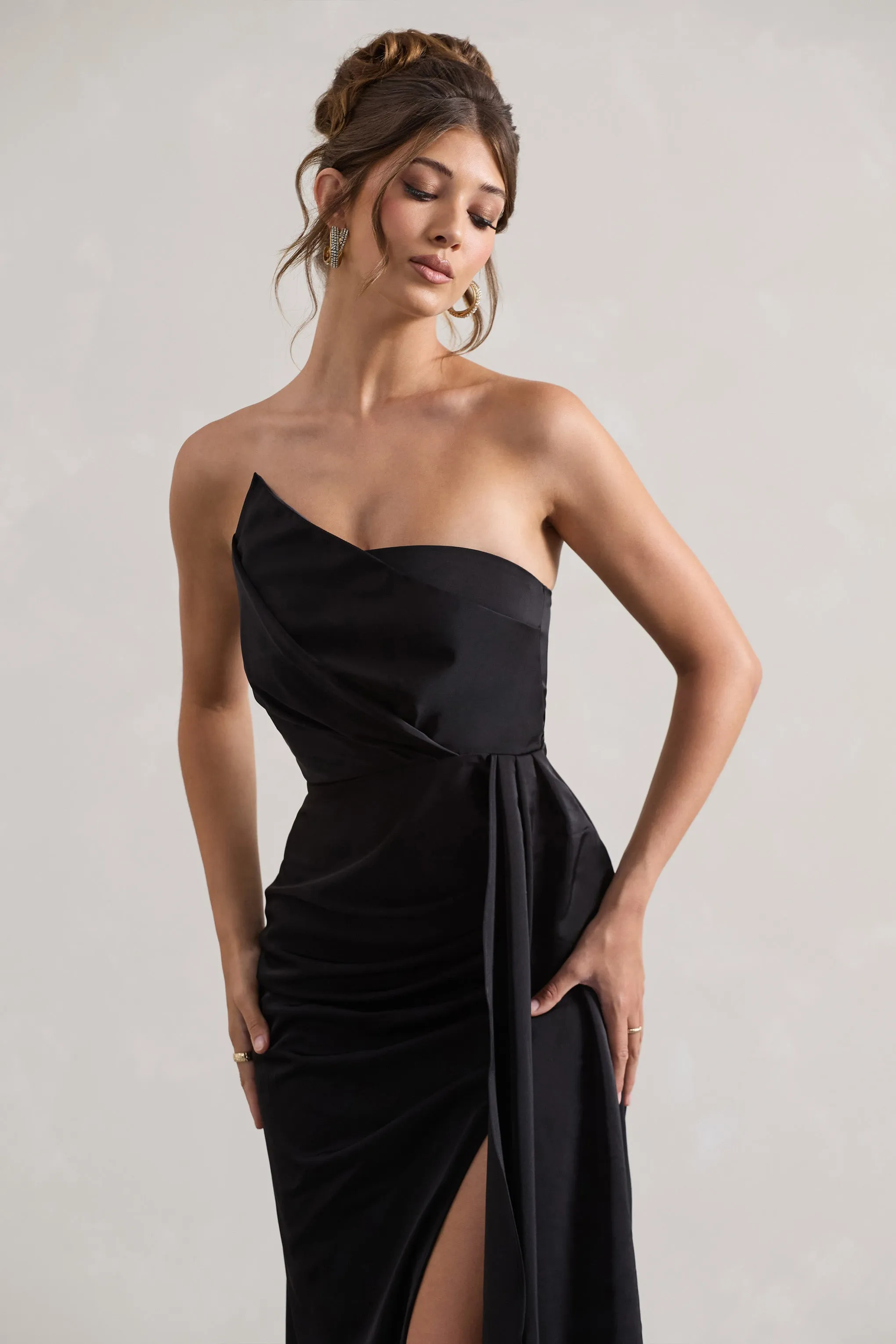 Hollywood | Black Satin Strapless Draped Maxi Dress sold by Club L London product image thumbnail 3