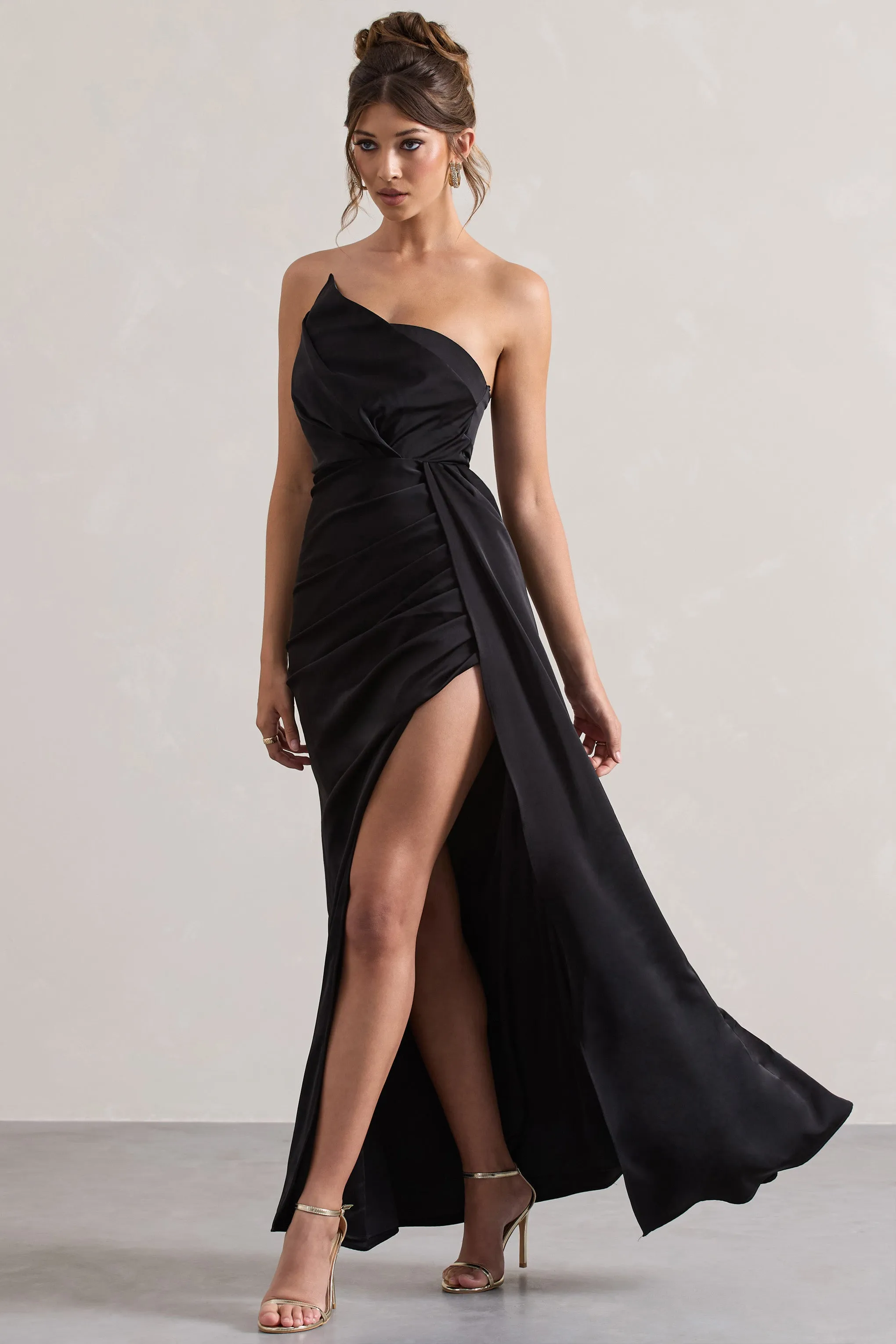 Hollywood | Black Satin Strapless Draped Maxi Dress sold by Club L London