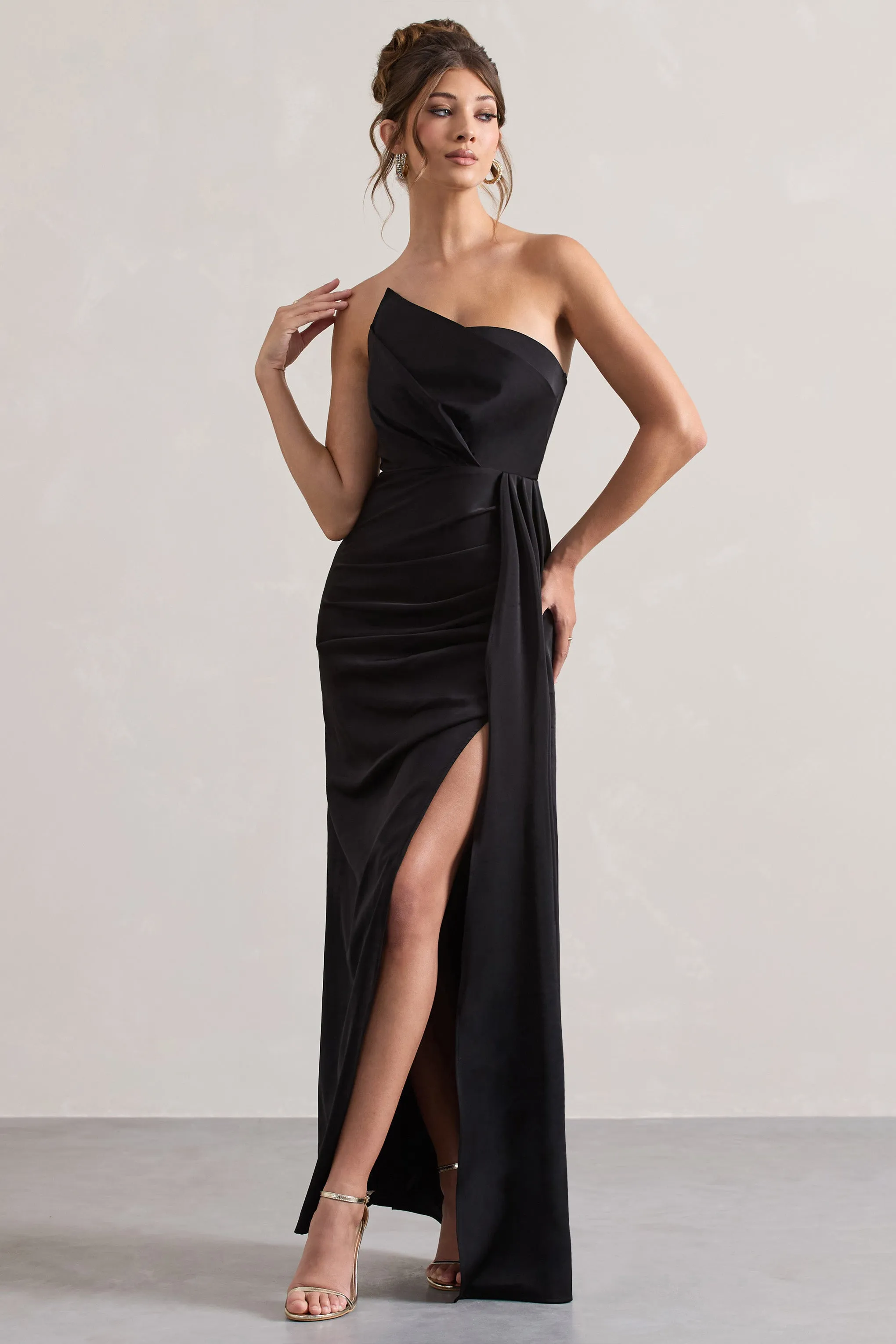 Hollywood | Black Satin Strapless Draped Maxi Dress sold by Club L London product image thumbnail 4
