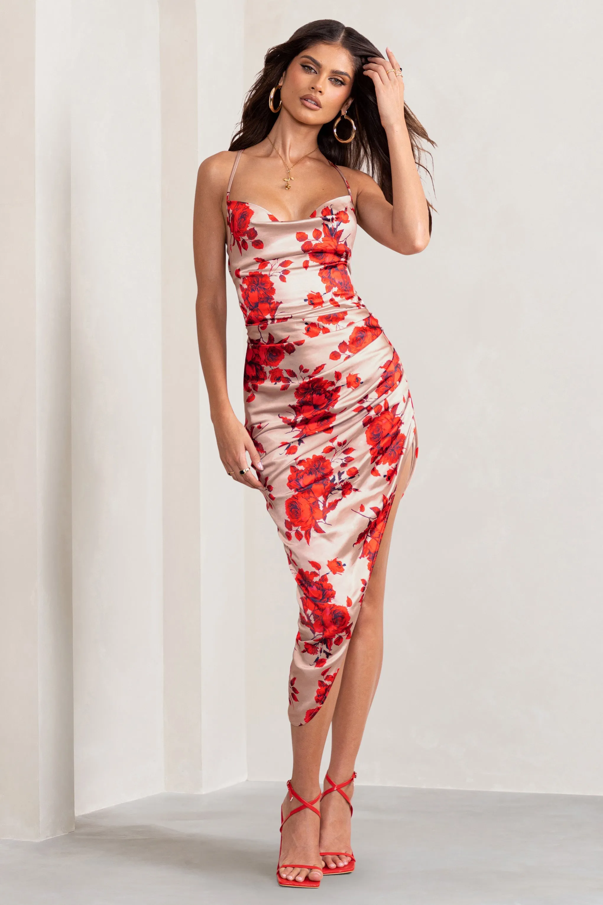 Risk It All | Champagne Floral Print Cami Cowl Neck Satin Asymmetric Hem Midi Dress sold by Club L London product image thumbnail 4