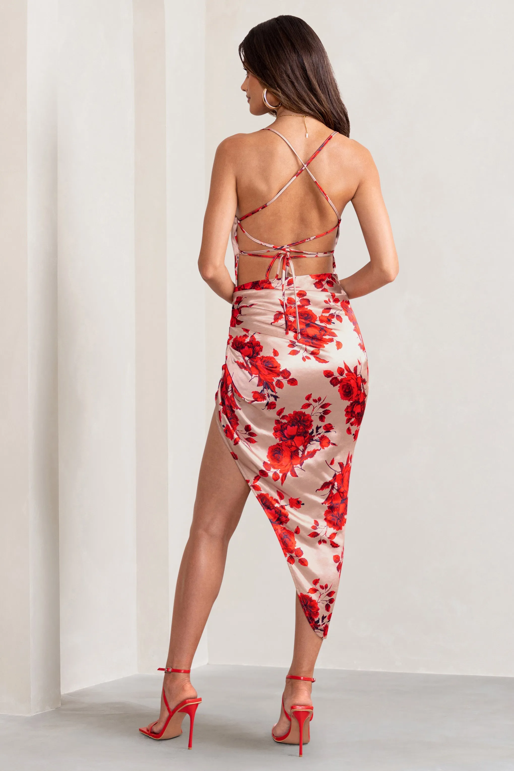 Risk It All | Champagne Floral Print Cami Cowl Neck Satin Asymmetric Hem Midi Dress sold by Club L London product image thumbnail 2