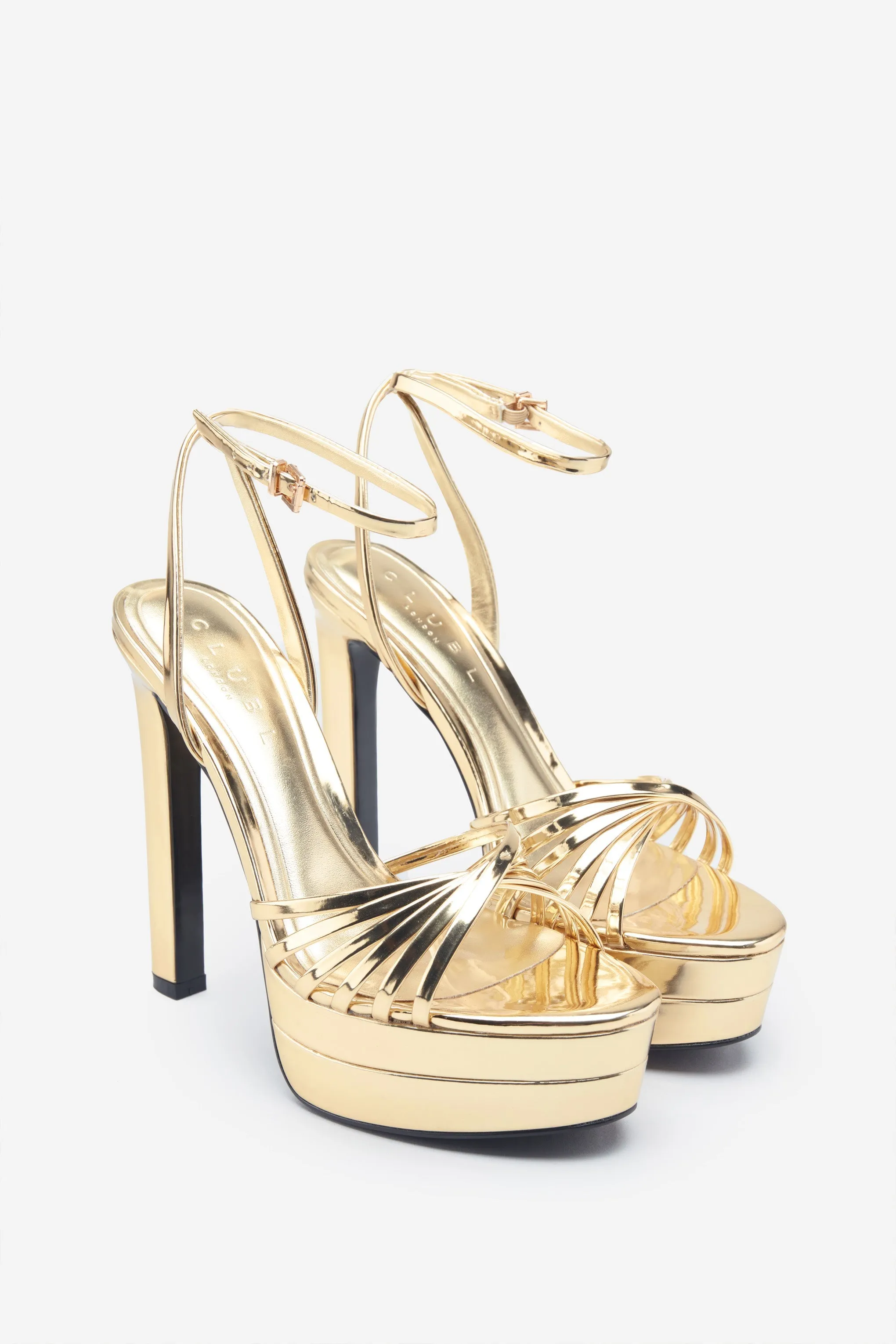 Mirror Mirror | Gold Mirror Strappy Heeled Platform Sandals sold by Club L London product image thumbnail 2