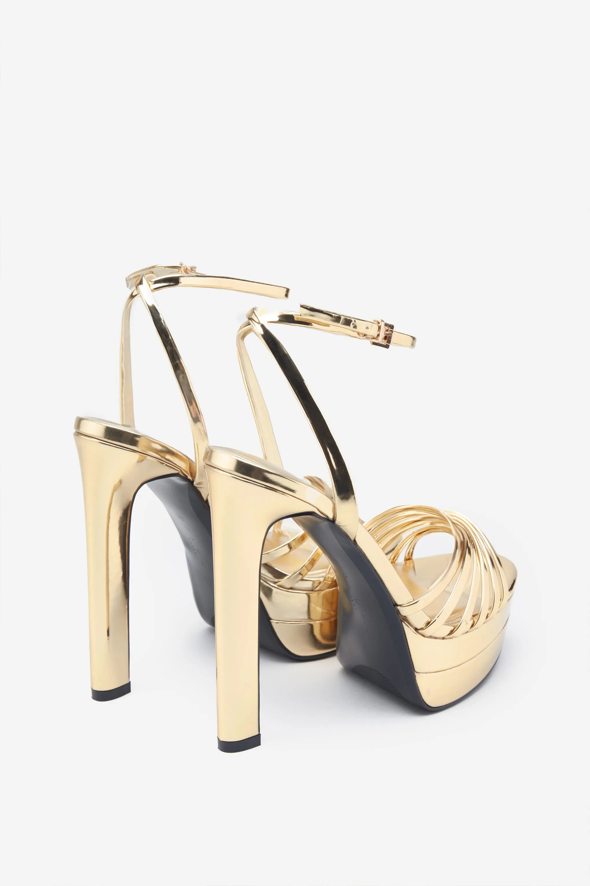 Mirror Mirror | Gold Mirror Strappy Heeled Platform Sandals sold by Club L London product image thumbnail 3
