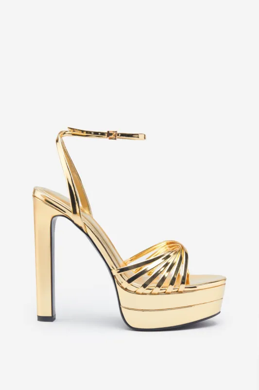 Mirror Mirror | Gold Mirror Strappy Heeled Platform Sandals sold by Club L London