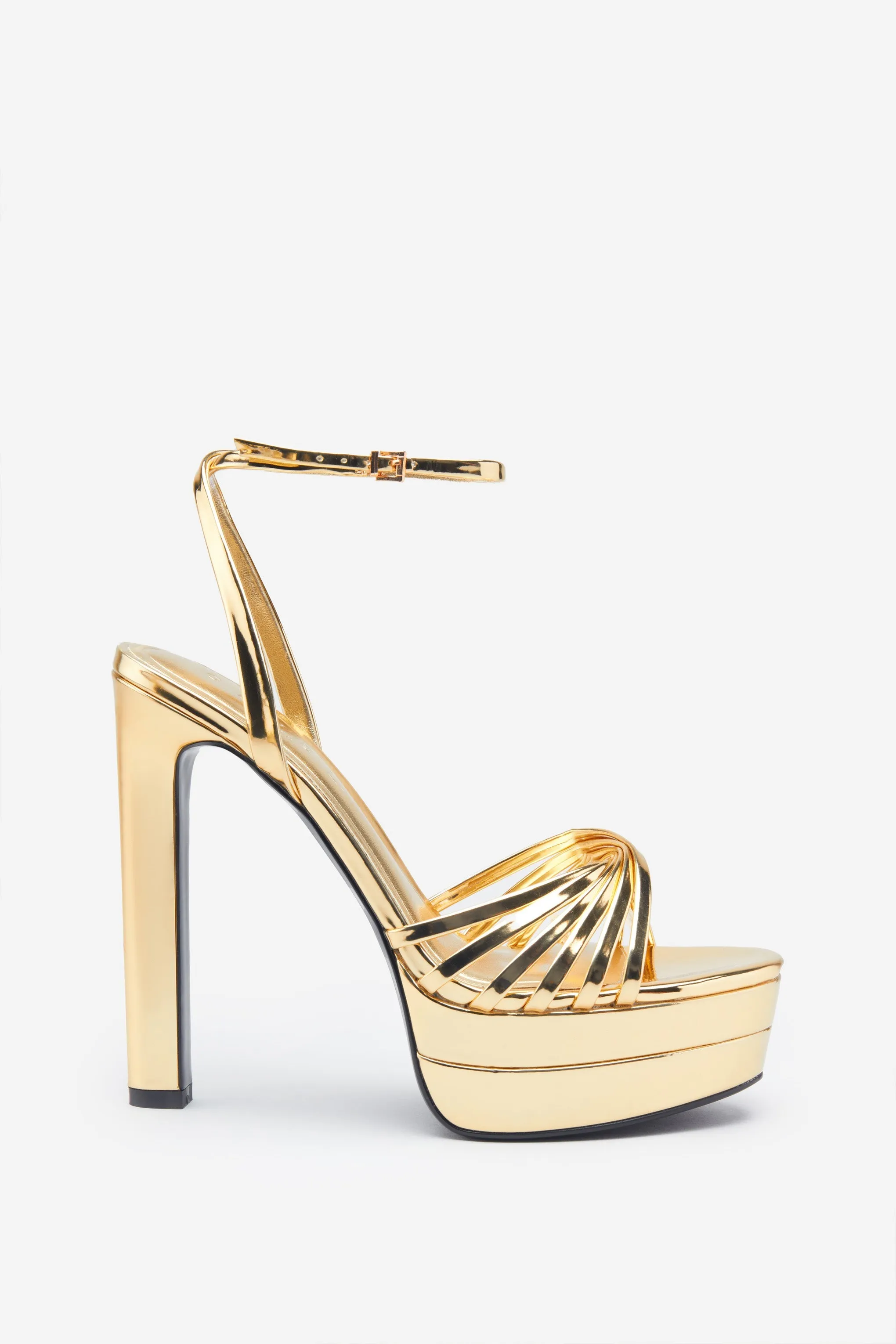 Mirror Mirror | Gold Mirror Strappy Heeled Platform Sandals sold by Club L London