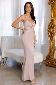 Astonish | Nude Twist Front Satin Cami Maxi Dress sold by Club L London