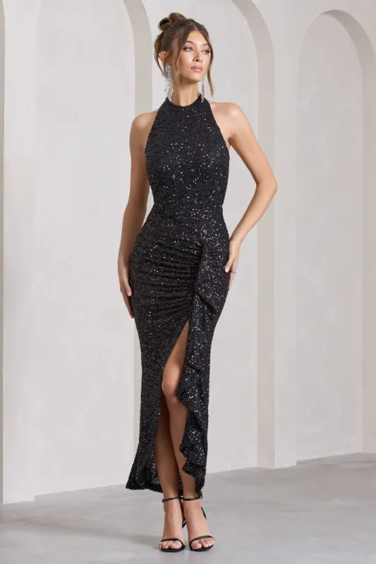 Under The Stars | Black Sequin High-Neck Open-Back Maxi Dress With Drape sold by Club L London