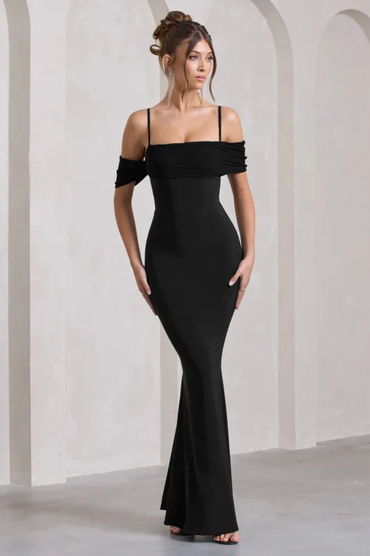 Miracle | Black Strappy Mesh Bardot Maxi Dress sold by Club L London