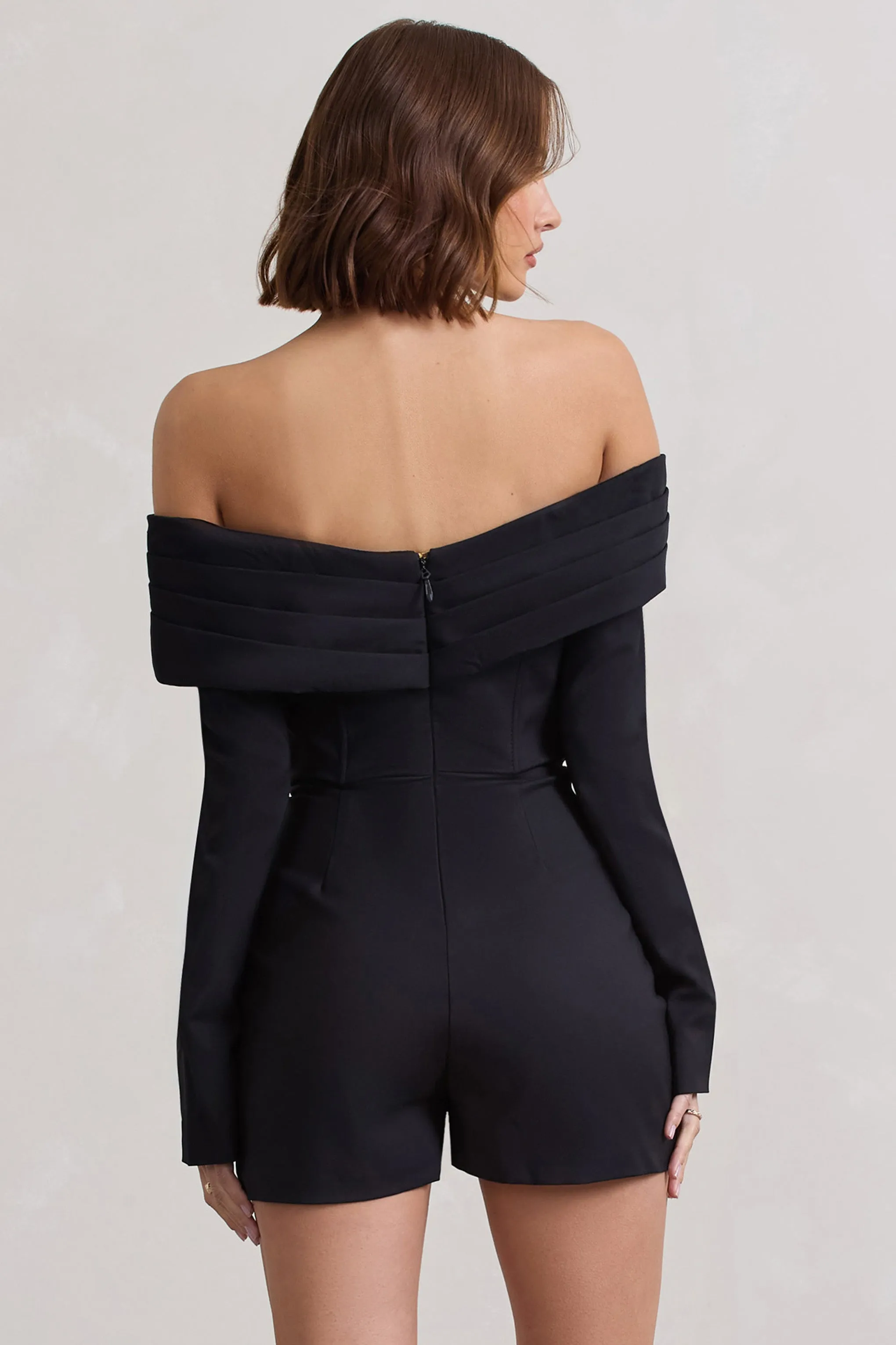 Front Row | Black Long-Sleeved Bardot Corset Playsuit sold by Club L London product image thumbnail 2