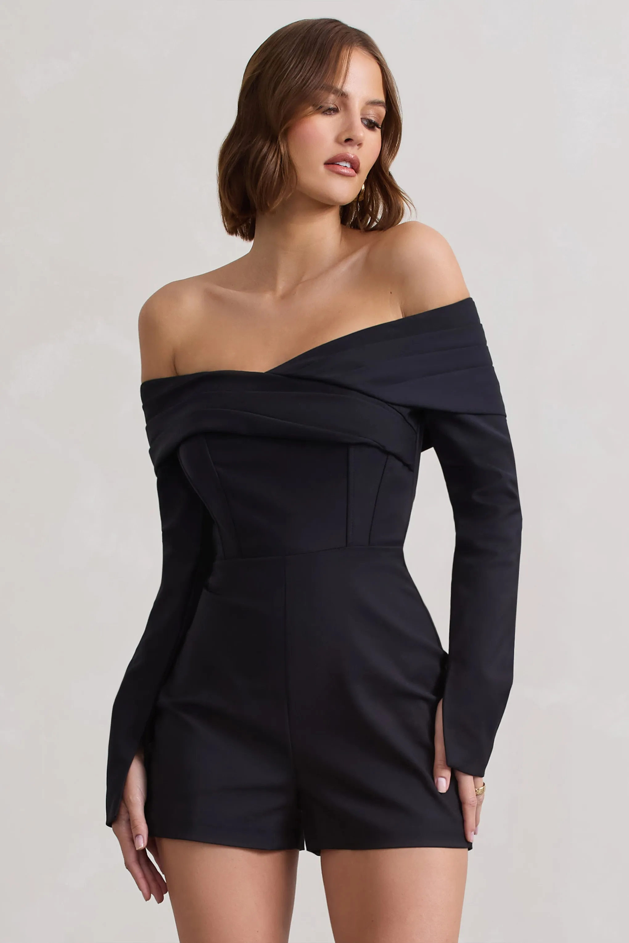Front Row | Black Long-Sleeved Bardot Corset Playsuit sold by Club L London