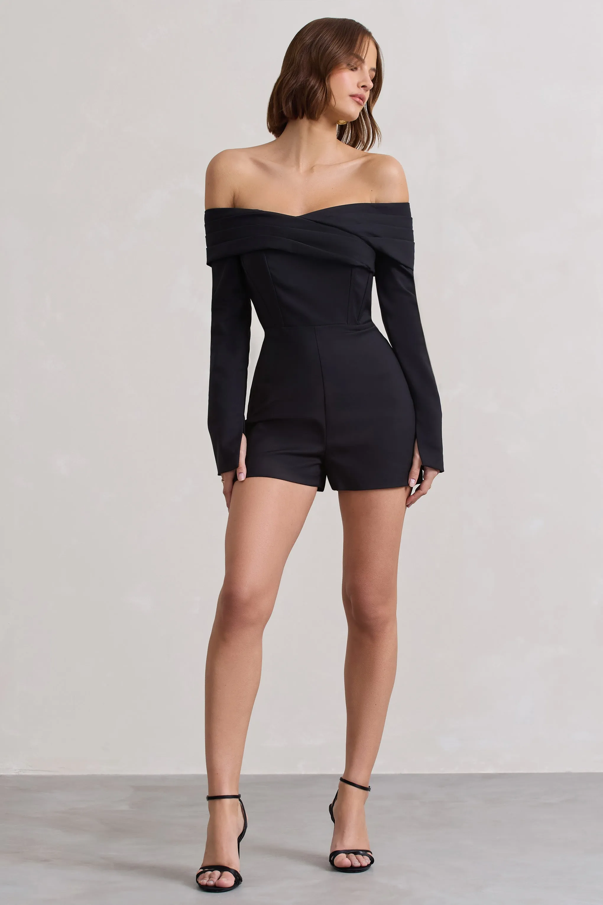 Front Row | Black Long-Sleeved Bardot Corset Playsuit sold by Club L London product image thumbnail 4