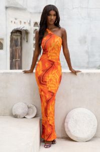 Influence | Orange Print Asymmetric Neck Open Back Detail Maxi Dress sold by Club L London
