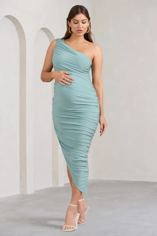 Late Night | Mint Green Maternity Ruched One Shoulder Midi Dress sold by Club L London