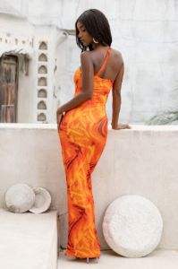 Influence | Orange Print Asymmetric Neck Open Back Detail Maxi Dress sold by Club L London