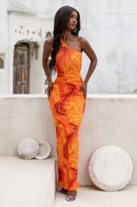 Influence | Orange Print Asymmetric Neck Open Back Detail Maxi Dress sold by Club L London