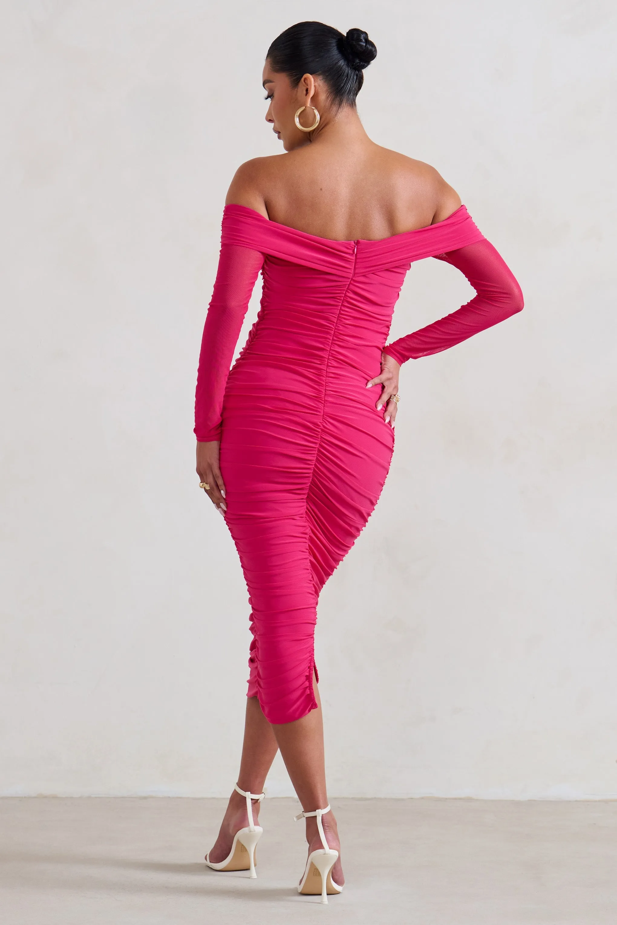 Neva | Hot Pink Bardot Twist Maternity Midi Dress sold by Club L London product image thumbnail 2