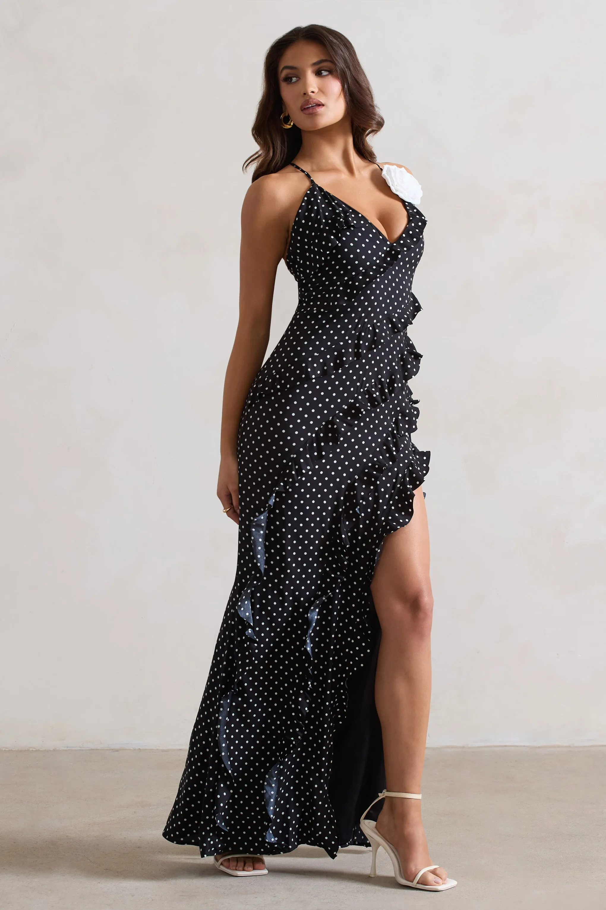 Annabelle | Black Polka Dot Ruffled Maxi Dress With Corsage sold by Club L London product image thumbnail 4