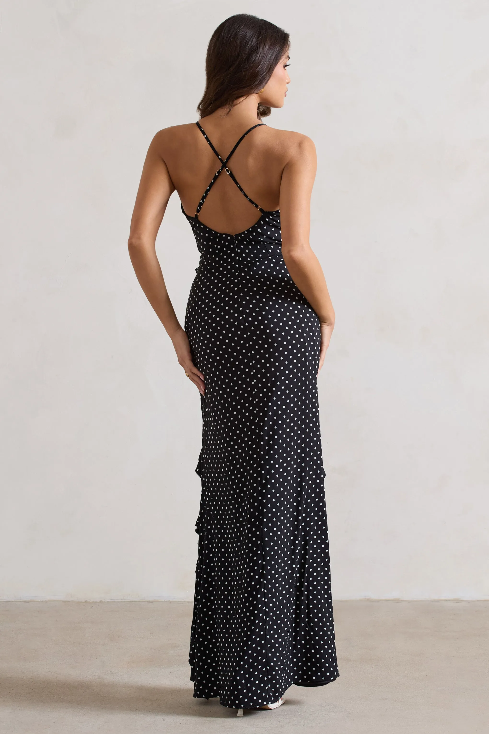 Annabelle | Black Polka Dot Ruffled Maxi Dress With Corsage sold by Club L London product image thumbnail 3