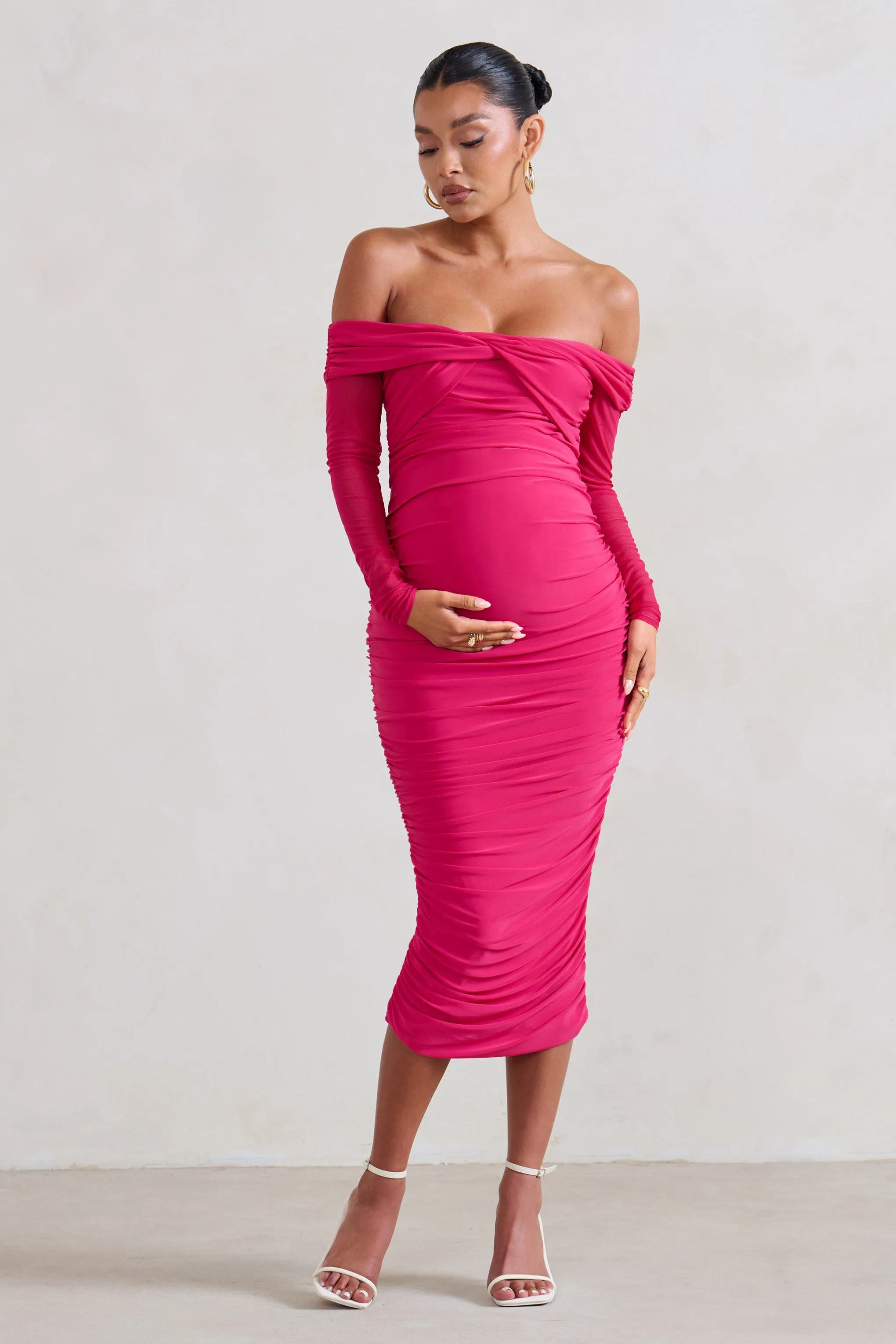Neva | Hot Pink Bardot Twist Maternity Midi Dress sold by Club L London product image thumbnail 4