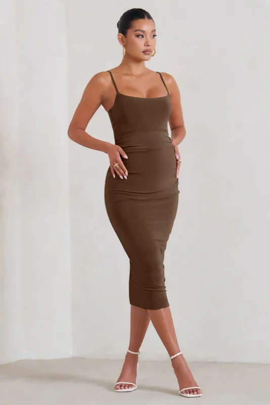 Raquel | Brown Maternity Cami Midi Dress With Split sold by Club L London
