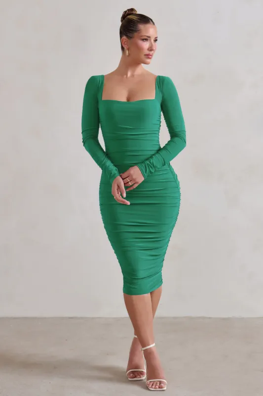 Seductress | Emerald Green Long Sleeve Square Neck Ruched Midi Dress sold by Club L London