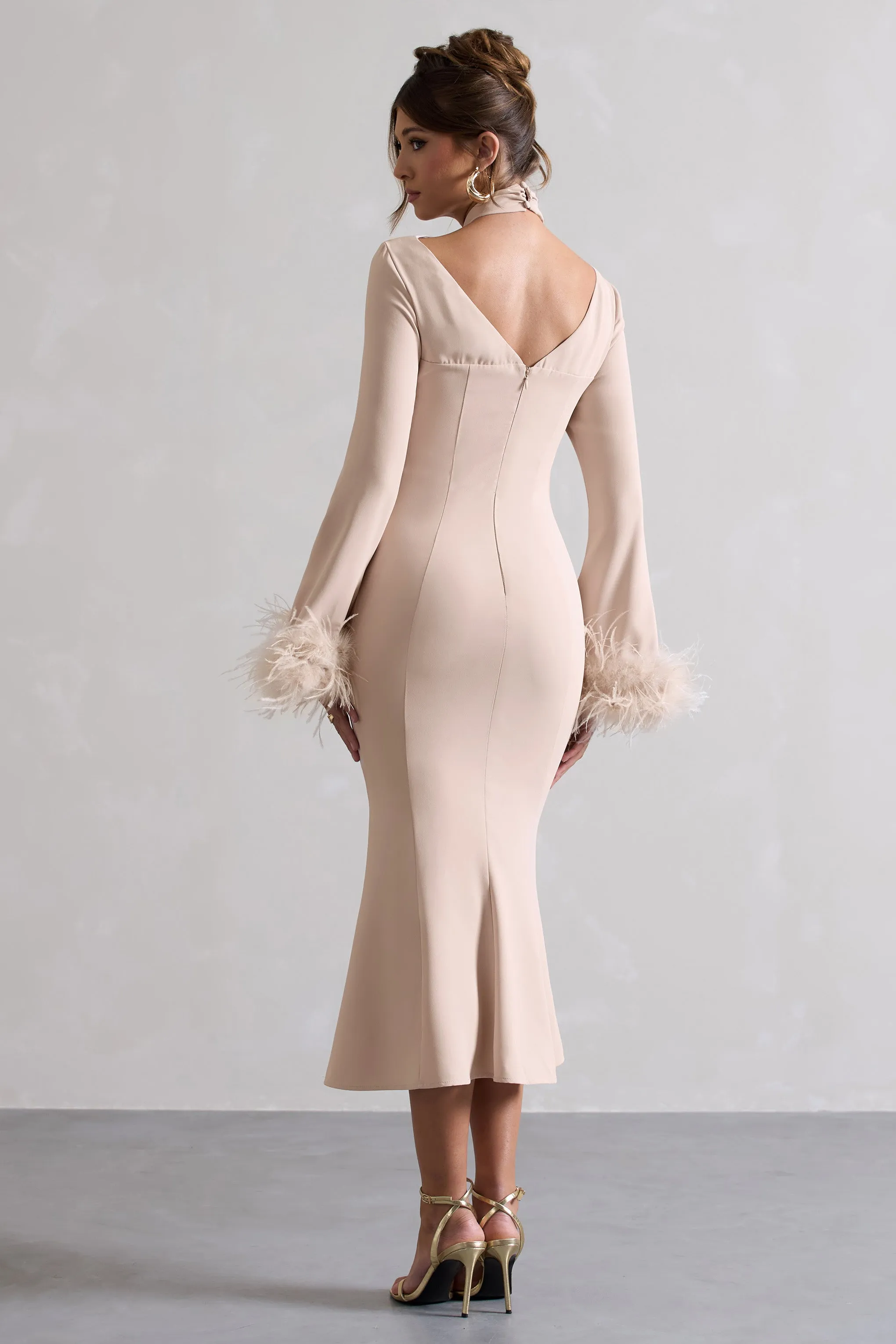 Monroe | Champagne Cross Halter-Neck Midi Dress With Feather Cuffs sold by Club L London product image thumbnail 2