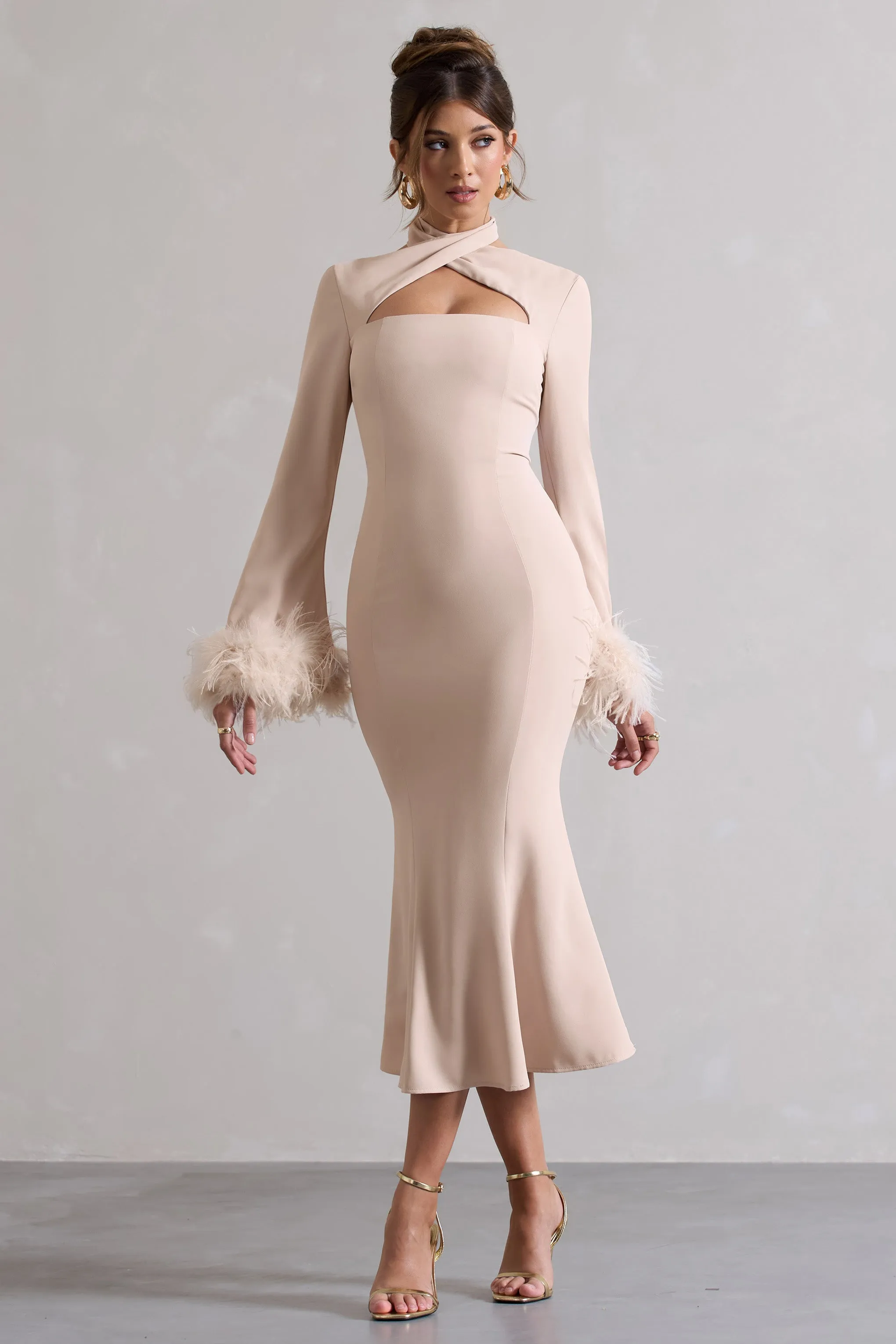 Monroe | Champagne Cross Halter-Neck Midi Dress With Feather Cuffs sold by Club L London product image thumbnail 5