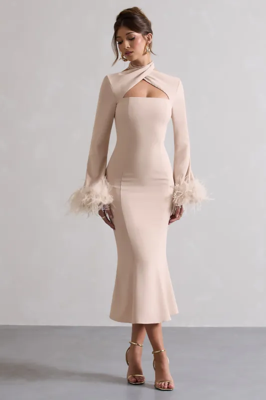 Monroe | Champagne Cross Halter-Neck Midi Dress With Feather Cuffs sold by Club L London