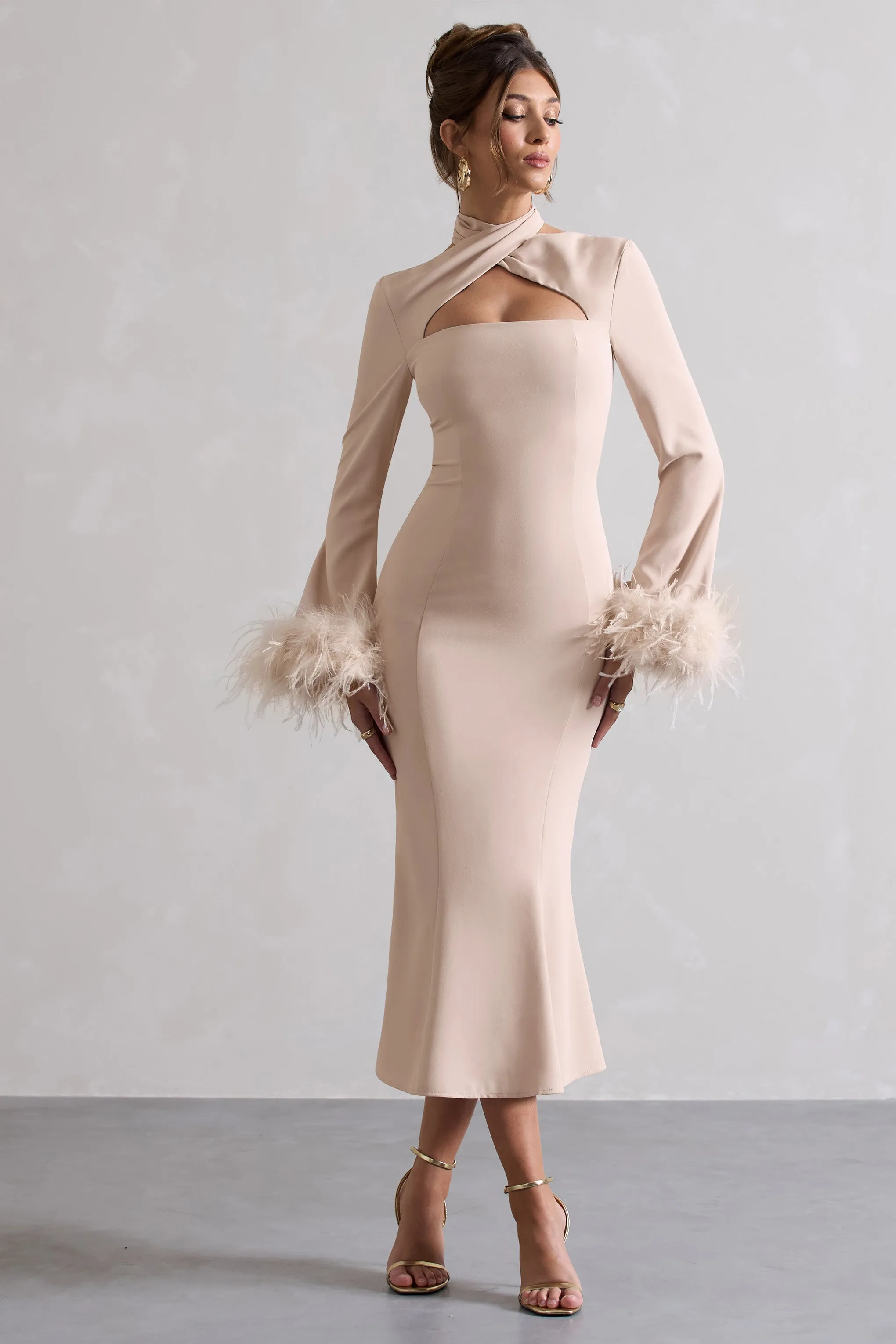 Monroe | Champagne Cross Halter-Neck Midi Dress With Feather Cuffs sold by Club L London product image thumbnail 4