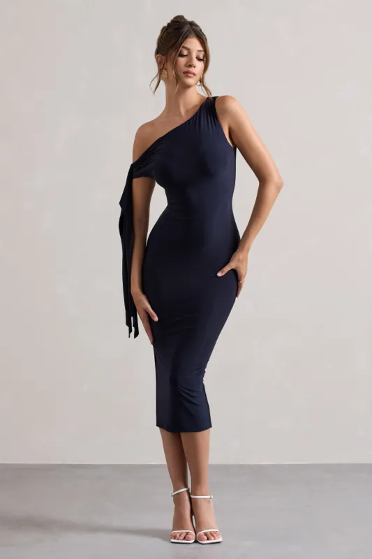 Adapt | Navy Asymmetric Midi Dress With Tie Sleeve sold by Club L London