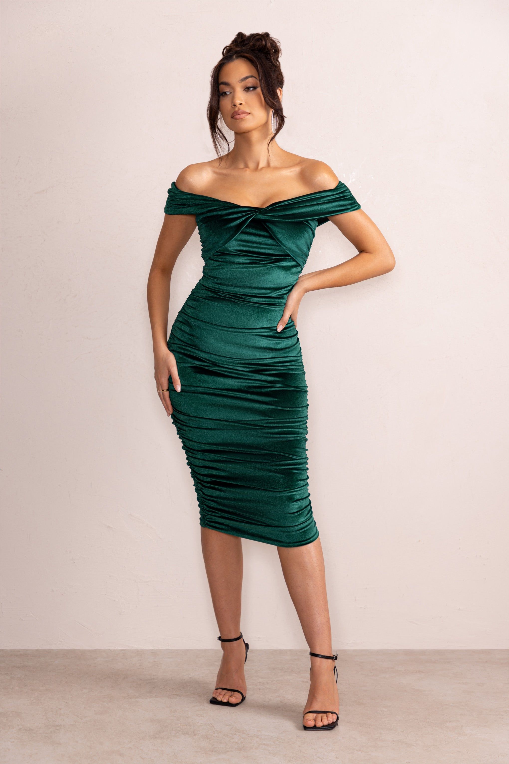 Gratitude | Bottle Green Velvet Off The Shoulder Ruched Midi Dress sold by Club L London product image thumbnail 6