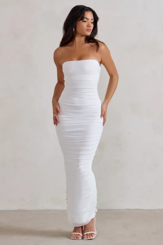 My Lady | White Strapless Bodycon Ruched Mesh Maxi Dress sold by Club L London