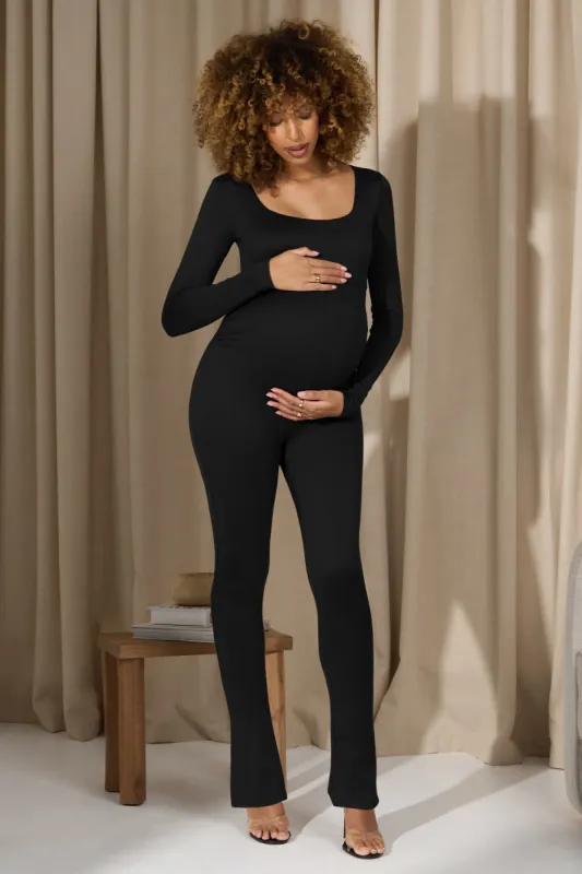 Clover | Black Square-Neck Slim-Leg Maternity Jumpsuit sold by Club L London