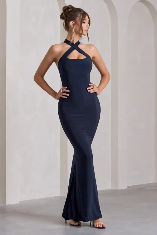 Cross My Heart | Navy Sleeveless Cross-Neck Maxi Dress sold by Club L London