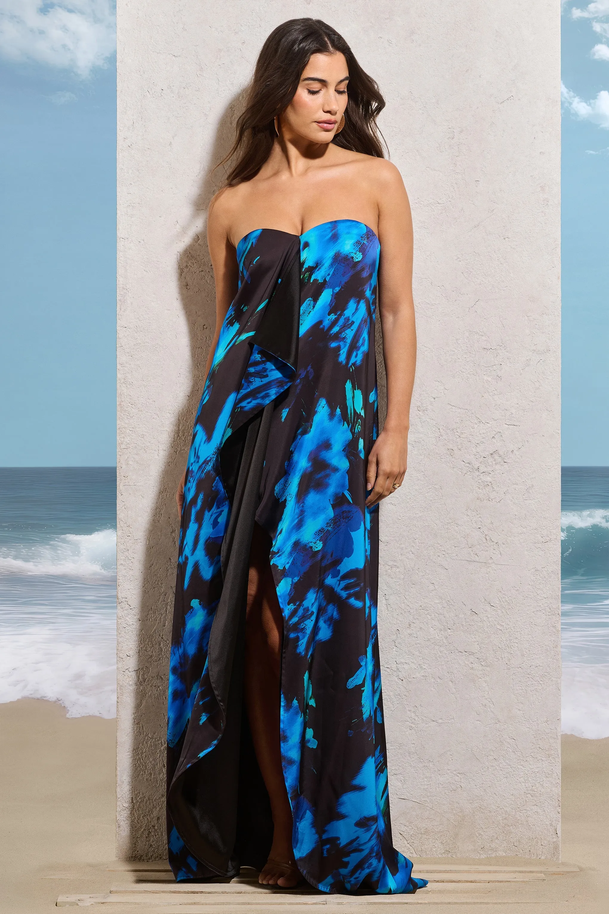 Wildflower | Navy Floral Print Strapless Split Maxi Dress With Ruffles sold by Club L London product image thumbnail 5